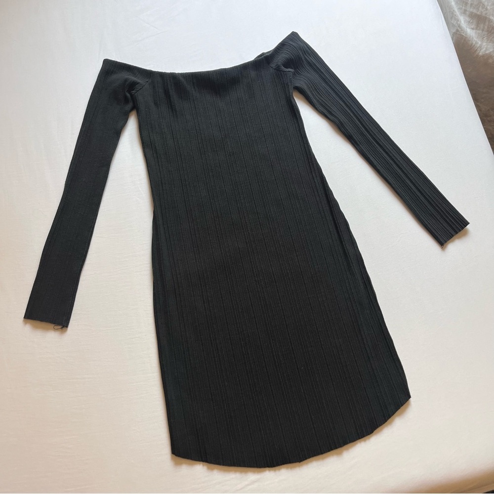 NUDE LUCY black rib knit off shoulder rounded‎ hem long sleeve mini dress